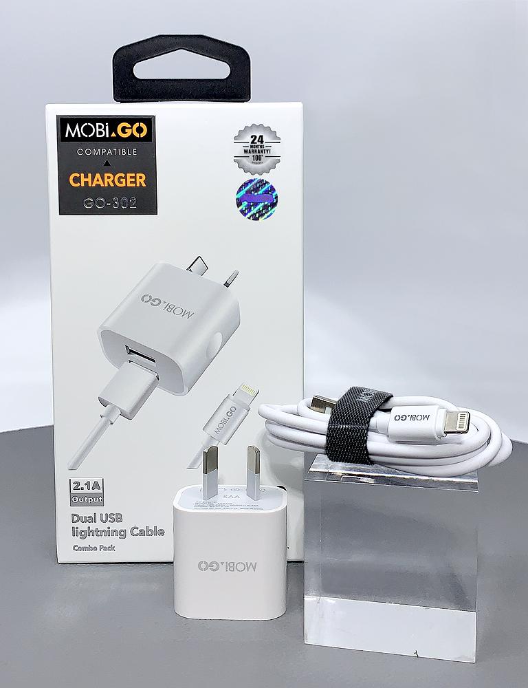 Mobigo GO-302 dual USB fast home charger with lightning cable RRP $28.00