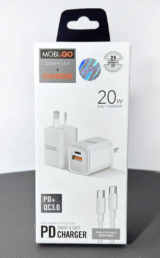 Mobigo PD 20W Wall Charger with Type-C to Type-C cable TCS2081ACCC. RRP $38.95