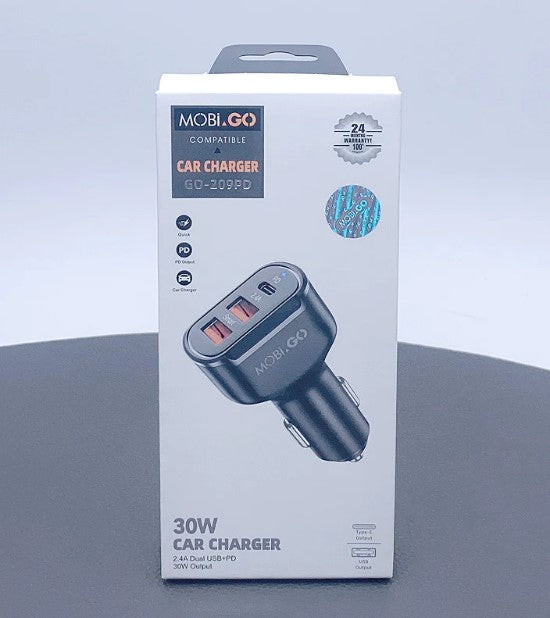 Mobigo 30W Car Charger. 2.4A Dual USB + PD 30W Output. RRP $27.95