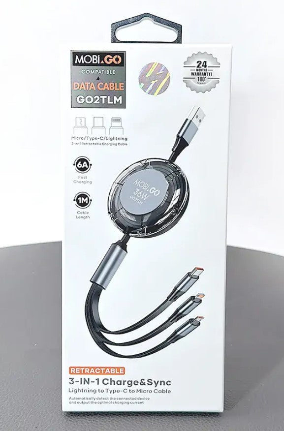 Mobigo 1m 6A 3 in 1 Retractable Charging Cable GO2TLM. RRP $17.95